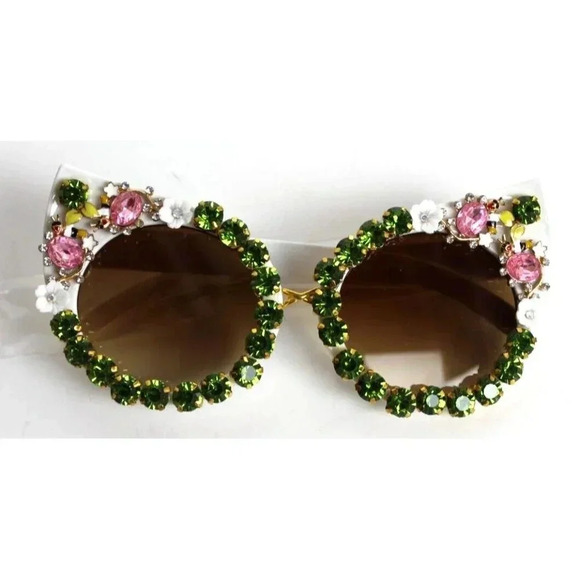 New Rhinestone Cat Eye Sunglasses Luxury Green White Flowers Bumble Bee Summer - Picture 3 of 3